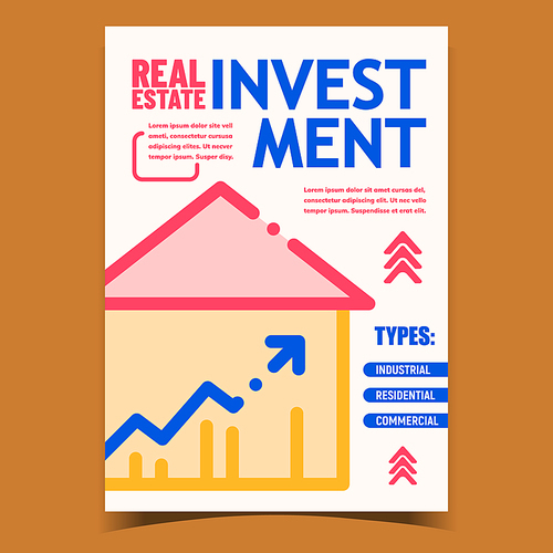 Real Estate Investment Advertising Poster Vector. Industrial, Residential Or Commercial Investment. Money Savings For Buy Home, Financial Wealth Management. Concept  Style Colorful Illustration