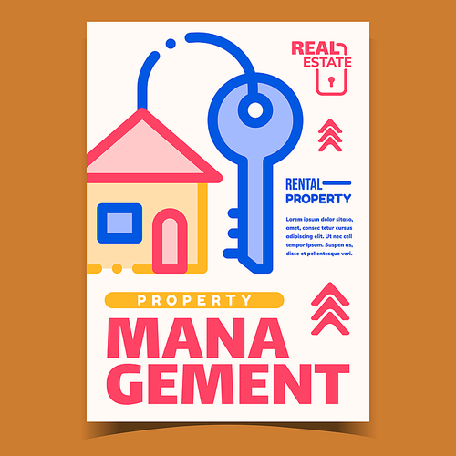 Property Management Bright Advertise Banner Vector. House Key And Pendant In Building Construction Shape, Real Estate And Rental Property. Concept Template Stylish Colorful Illustration