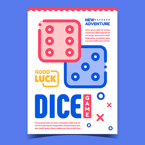 Dice Game Casino Bright Advertising Poster Vector. Gambling Playing Shoot Dice Game, Cubes Gaming Equipment. Die Gamer Tool For Competition Concept Template Stylish Colorful Illustration