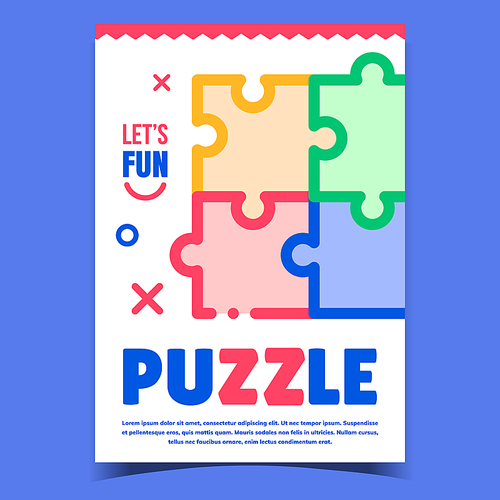 Puzzle Jigsaw Creative Advertising Banner Vector. Puzzle Gaming Connection Pieces For Funny Time. Brainstorming And Teamwork Playing Game. Concept Template Stylish Colorful Illustration