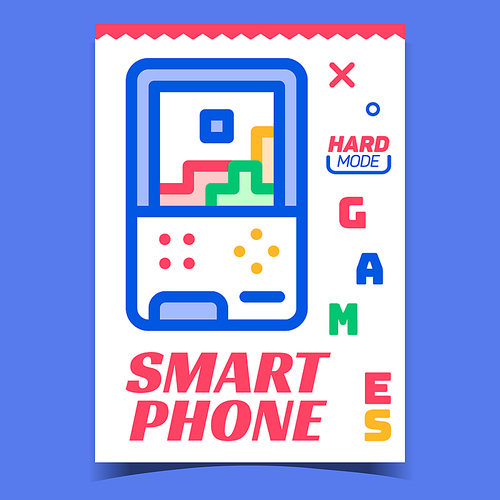 Smart Phone Creative Advertising Banner Vector. Phone Device For Playing Video Games. Electronic Gadget With Screen And Remote Buttons Concept Template Stylish Colorful Illustration