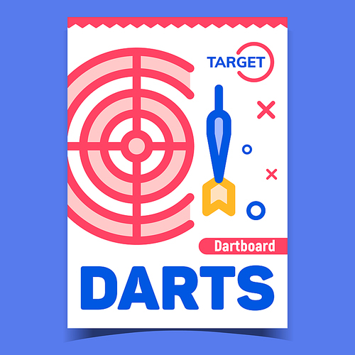 Darts Game Creative Advertising Banner Vector. Darts Equipment Circle Target Aim Dartboard And Throw Dart. Competition And Entertainment Concept Template Stylish Colorful Illustration