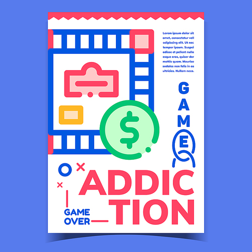 Game Addiction Creative Advertising Banner Vector. Monopoly Financial Board Game And Dollar Coin On Promo Poster. Gaming Time With Family And Friends Concept Template Stylish Colorful Illustration