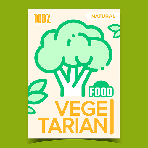 Vegetarian Food Broccoli Advertising Banner Vector. Natural Bio Green Broccoli Plant Cabbage On Creative Promotional Poster. Vegetable Concept Template Stylish Colorful Illustration