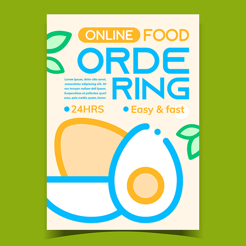 Online Ordering Food Advertising Banner Vector. Boiled Eggs And Green Leaves On Promotional Creative Internet Ordering Poster. Cooked Meal Concept Template Stylish Colorful Illustration