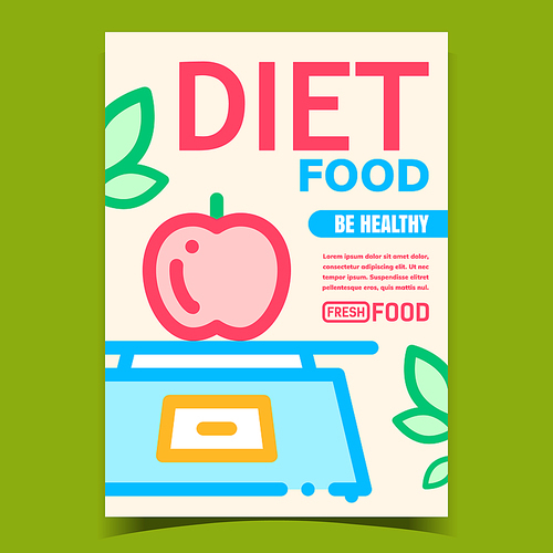 Healthy Diet Food Fruit Advertising Poster Vector. Ripe Apple Fruit On Electronic Scale And Green Leaves On Promo Creative Banner. Vitamin Nutrition Concept Template Stylish Colorful Illustration