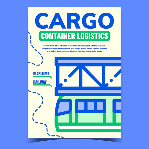 Cargo Container Logistics Advertise Banner Vector. Cargo And Passenger Railway Transport. Maritime Transportation, Delivery, Shipping Concept Template Stylish Colorful Illustration