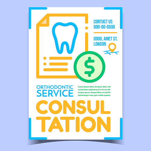 Orthodontic Consultation And Service Banner Vector. Tooth On Paper List Report And Dollar Coin, Orthodontic Medical Therapy. Stomatology Clinic Concept Template Stylish Colored Illustration