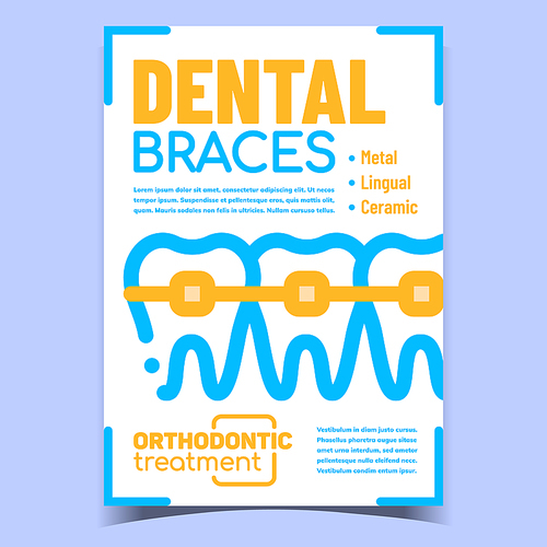 Dental Braces Creative Advertising Banner Vector. Metal, Lingual And Ceramic Braces For Straight Teeth. Dental Bracket, Orthodontic Treatment Concept Template Stylish Colorful Illustration