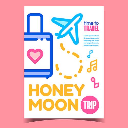 Honeymoon Trip Creative Advertising Poster Vector. Heart On Baggage Luggage, Flying Aircraft Transport And Music Notes On Honeymoon Travel Promo Banner. Concept Template Stylish Colorful Illustration