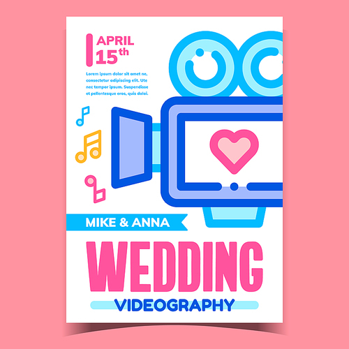 Wedding Videography Advertising Poster Vector. Heart On Video Camera Electronic Device And Music Notes On Ceremonial Videography Promo Banner. Concept Template Stylish Colorful Illustration
