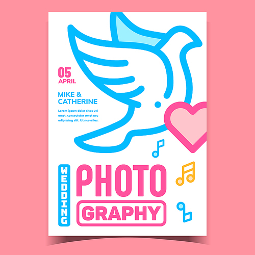 Wedding Photography Advertising Banner Vector. Dove Pigeon Bird, Heart And Music Notes On Ceremonial Photography Promotional Creative Poster. Concept Template Stylish Colorful Illustration