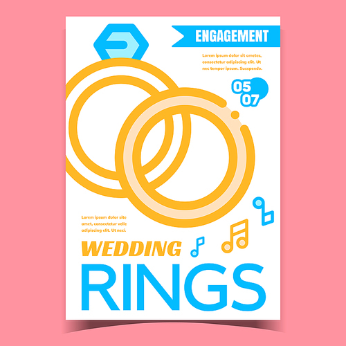 Wedding Rings Creative Advertising Banner Vector. Golden Metallic Rings With Diamond Gemstone For Engagement And Music Notes On Marketing Poster. Concept Template Stylish Colorful Illustration