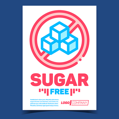Sugar Free Creative Advertising Banner Vector. Sugar Cubes Crossed Out Circle Mark. Sweet Product Nutrition Non-diabetic Concept Template Colorful Illustration