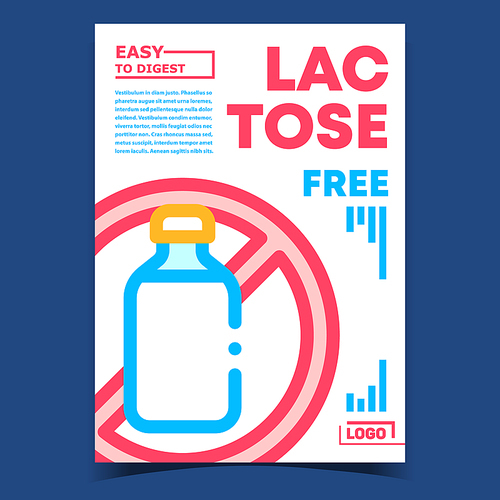 Lactose Free Creative Advertising Banner Vector. Milk With Lactose Bottle Crossed Out Mark. Natural Drink, Pure Product Nutrition Concept Template Color Illustration