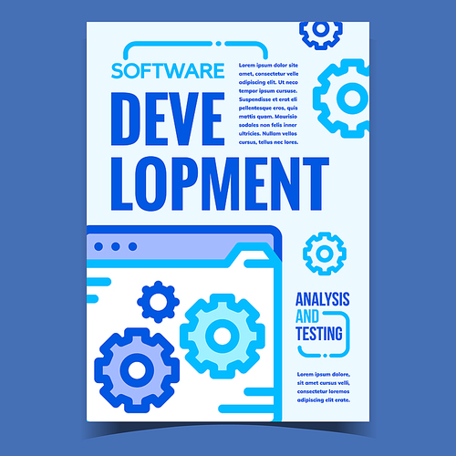 Software Development Advertising Banner Vector. Development Analysis And Testing, Computer Folder With Gears Creative Promotional Poster. Concept Template Stylish Colorful Illustration