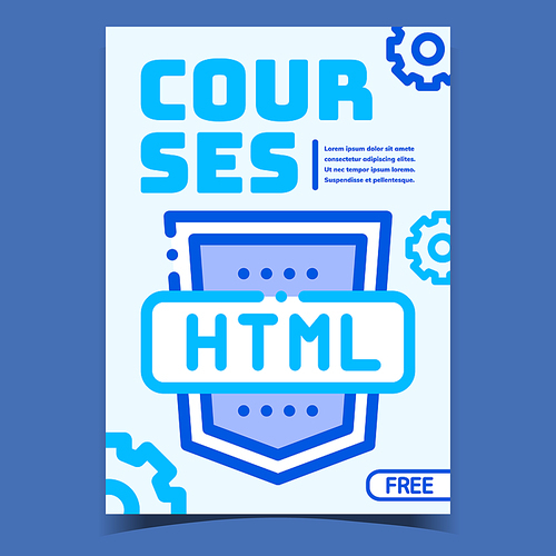 Html Courses Creative Advertising Banner Vector. Html Programming Web Site Mark And Mechanic Gears On Bright Promotional Poster. Coding Concept Template Stylish Colorful Illustration
