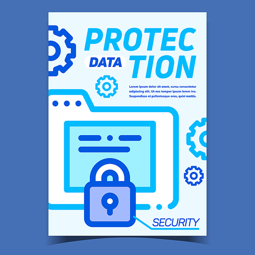 Data Protection Creative Advertising Banner Vector. Closed Padlock On Computer Folder File And Gears, Data Security Promotional Poster. Concept Template Stylish Colorful Illustration