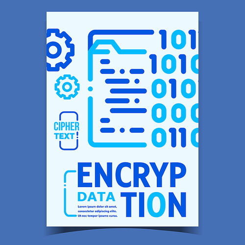 Data Encryption Creative Advertising Poster Vector. Cipher Text By Binary Encryption Code Computer System Folder And Gears Promotional Banner. Concept Template Stylish Colorful Illustration