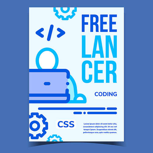Freelancer Coding Bright Advertising Banner Vector. Css Freelancer Working On Laptop On Creative Promotional Poster. Programmer Developing Code Concept Template Stylish Colorful Illustration