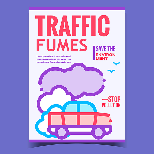 Traffic Fumes, Stop Pollution Promo Banner Vector. Traffic Smoking, Car And Cloud Of Smoke On Creative Advertising Poster. Save Environment Concept Template Stylish Colorful Illustration