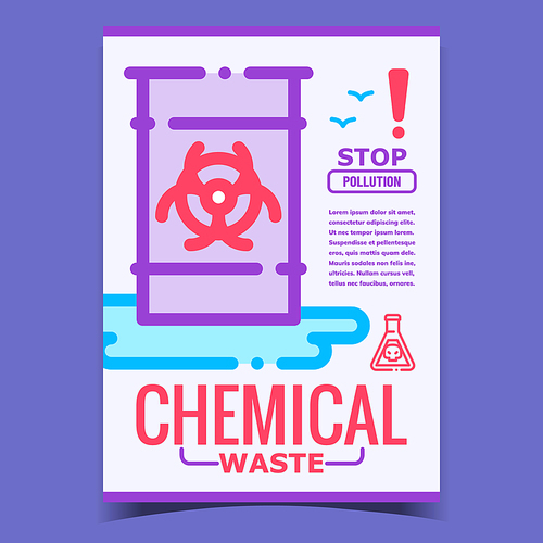 Chemical Waste, Stop Pollution Promo Poster Vector. Metallic Barrel With Biohazard Toxic Liquid Waste, Laboratory Flask With Skull On Advertise Banner. Concept Template Stylish Color Illustration