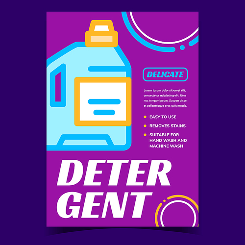 Detergent Bottle Creative Advertise Banner Vector. Detergent Plastic Container For Delicate Wash Clothes. Washing And Cleaning Laundry Service Concept Template Stylish Color Illustration