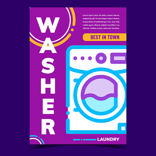 Washer Laundry Machine Advertising Banner Vector. Laundry Service Washing Equipment Best In Town. Wash And Clean Dirty Clothes Electrical Device Concept Template Stylish Colorful Illustration