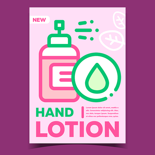 Hand Lotion Creative Advertising Banner Vector. Bottle Spray With Lotion Organic Cosmetic And Liquid Drop. Package With Hygiene Skincare Cream Concept Template Stylish Color Illustration
