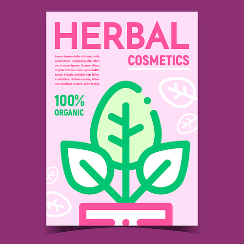 Herbal Cosmetics Creative Advertise Banner Vector. Nature Plant With Green Leaves In Pot For Eco Clean Cosmetics. Organic Hygiene Skincare Cream Concept Template Stylish Colorful Illustration