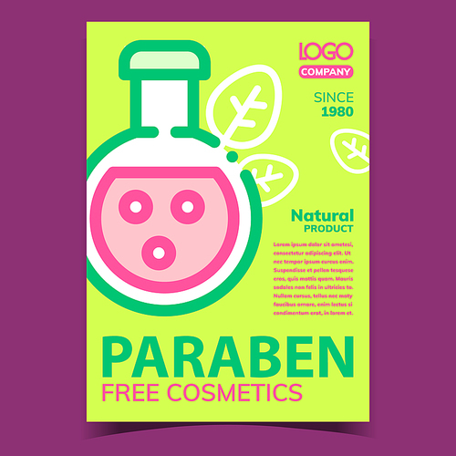 Paraben Free Cosmetics Advertising Poster Vector. Flask With Cosmetics Liquid Natural Product. Laboratory Package With Hygiene Skincare Cream Concept Template Stylish Colored Illustration