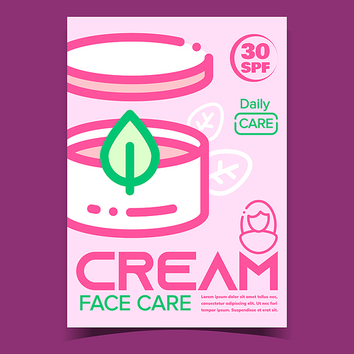 Face Care Cream Creative Advertising Banner Vector. Container With Facial Cream And Green Leaf Natural Ingredient. Package With Hygiene Skincare Liquid Concept Template Stylish Colorful Illustration