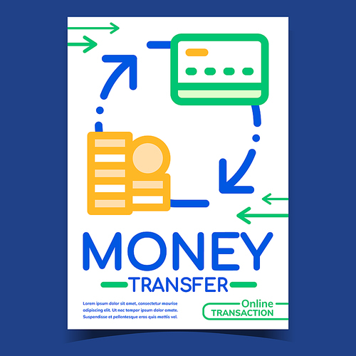 Money Transfer Creative Advertising Banner Vector. Money Internet Online Transaction. Coins Heap On Credit Card. Financial Bank Account Concept Template Stylish Colorful Illustration