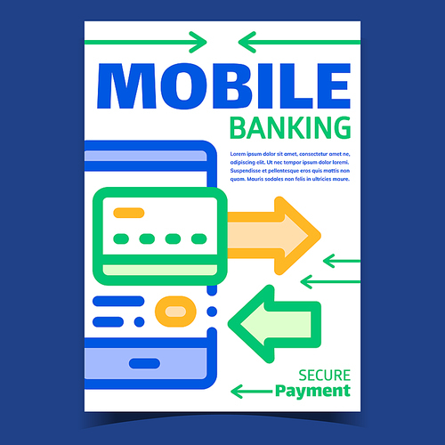 Mobile Banking Creative Advertising Poster Vector. Mobile Online Secure Payment, Smartphone And Plastic Card. Financial Bank Account In Phone Concept Template Stylish Colorful Illustration