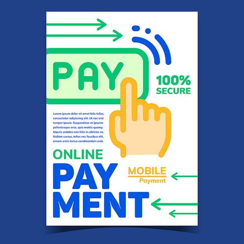 Online Payment Creative Advertising Poster Vector. Internet Mobile Payment, Human Hand Click Button Pay. Bank Financial Account And Banking Concept Template Stylish Colored Illustration