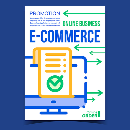E-commerce Online Business Promotion Banner Vector. E-commerce Receipt Or Report With Approved Mark On Computer Display. Bank Financial Account Concept Layout Stylish Color Illustration
