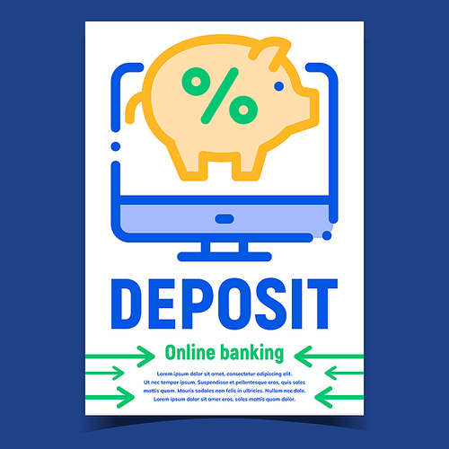 Deposit Online Banking Promotion Poster Vector. Deposit Money Box In Pig Shape With Percentage Mark On Computer Display. Bank Financial Account Concept Template Stylish Colored Illustration