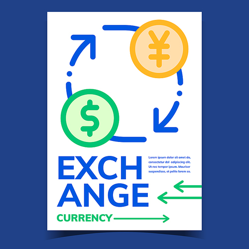 Exchange Currency Creative Advertise Poster Vector. Money Exchange, Cash Change, Dollar And Yen Symbols With Rounded Arrows. Bank Financial Account Concept Template Stylish Colored Illustration