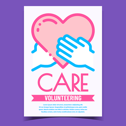 Volunteering Care Creative Promo Banner Vector. Volunteer Hands Holding Heart, Volunteering Profession Healthcare Medical Advertising Poster. Concept Template Stylish Colored Illustration