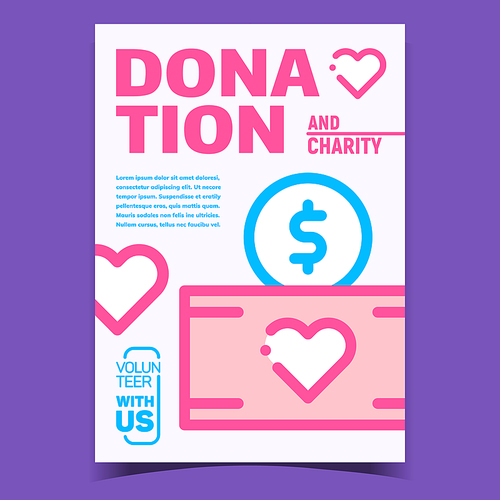 Money Donation Creative Advertising Banner Vector. Banknote With Heart And Coin With Dollar Mark, Financial Donation And Charity On Bright Promo Poster. Concept Template Stylish Colorful Illustration