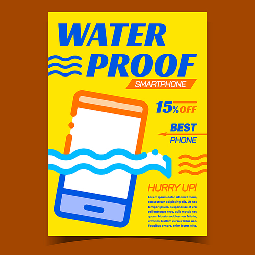 Waterproof Smartphone Advertising Poster Vector. Waterproof Mobile Phone, Device In Water. Modern Technology Electronic Gadget Wet Protection Concept Template Stylish Color Illustration