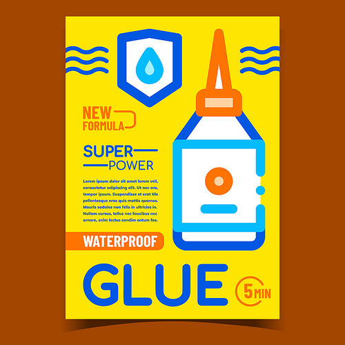 Waterproof Glue Creative Advertising Banner Vector. Super Power With New Formula Glue And Water Drop On Shield. Bottle, Container Or Package With Adhesive Concept Template Stylish Color Illustration