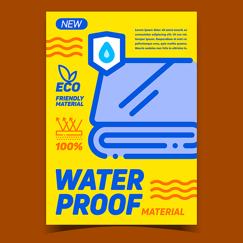 Waterproof Material Advertising Banner Vector. Protective Eco Friendly Material. Wet And Moisture Protect Textile And Fabric, Water Drop On Shield Concept Template Stylish Color Illustration