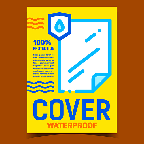 Waterproof Cover Creative Advertise Poster Vector. Water Drop Protection Cover. List Of Protective Material, Shield With Waterdrop And Sea Waves Concept Template Stylish Color Illustration