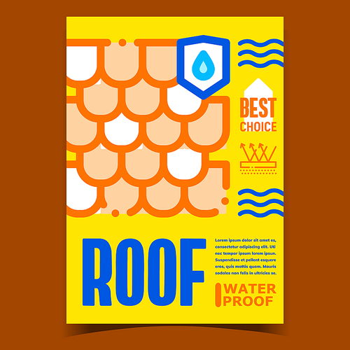 Waterproof Roof Creative Advertising Banner Vector. Building Roof Cover Protection Metal Tile Material. Waterdrop On Shield And Water Waves Concept Template Stylish Color Illustration