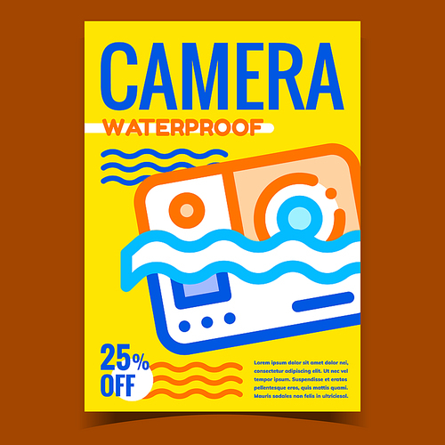 Waterproof Camera Promo Advertising Banner Vector. Water Protective Video Camera Device. Go Pro Electronic Gadget In Swimming Pool Or Sea Concept Template Stylish Color Illustration