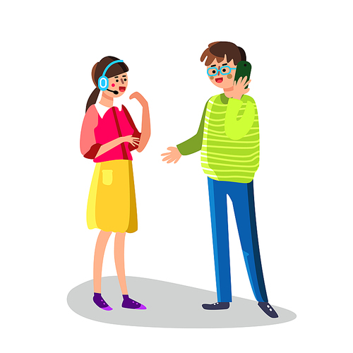 Call Center Worker Girl Support Customer Vector. Young Woman Call Canter Employee In Headphones Communicate With Man Through Mobile Phone. Operator With Headset Talk With Boy Flat Cartoon Illustration