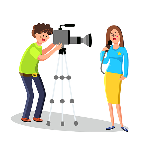 Cameraman Character Shoots Reporter Report Vector. Cameraman Operator With Video Camera Camcorder Removes Journalist Young Woman With Microphone. Television News Flat Cartoon Illustration