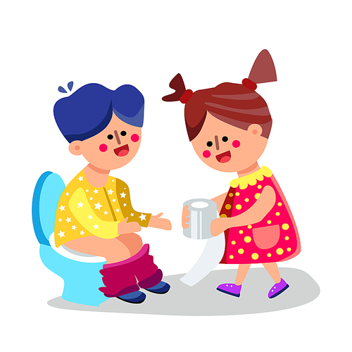 Little Girl Giving Toilet Paper Boy Vector. Character Toddler Kid Brother Sitting On Toilet With Pants Down And Sister Child Give Lavatory Tissue. Kindergarten Colorful Flat Cartoon Illustration
