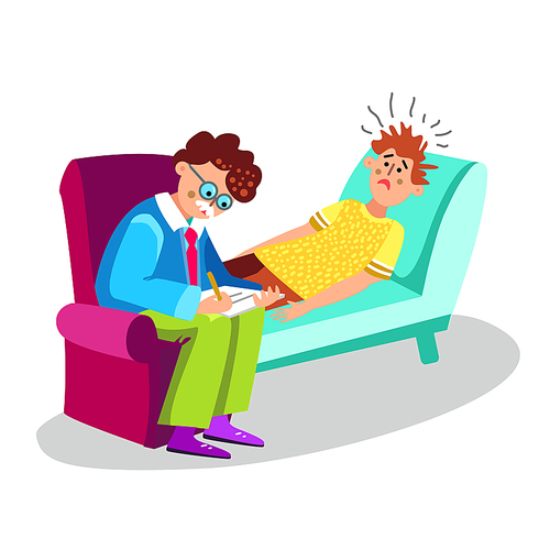 Psychologist And Patient Psychiatry Therapy Vector. Character Doctor Psychiatrist And Lying On Couch Sad Man Person, Psychiatry Consultation. Professional Assistance Color Flat Cartoon Illustration